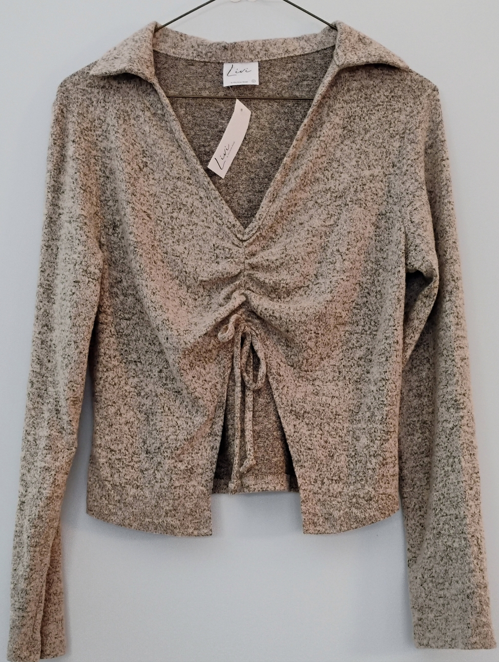 Livi V-Neck Soft Pullover Collared Sweater Ruched Front w/Tie in Heather Gray L